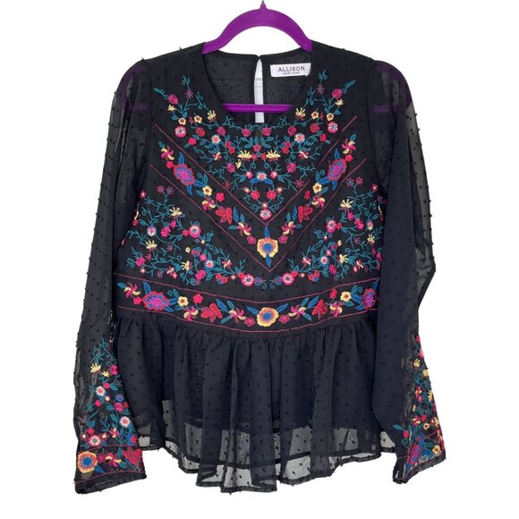 ALLISON New York Black Embroidered Swiss Dot Peplum Blouse Medium - Picture 1 of 9